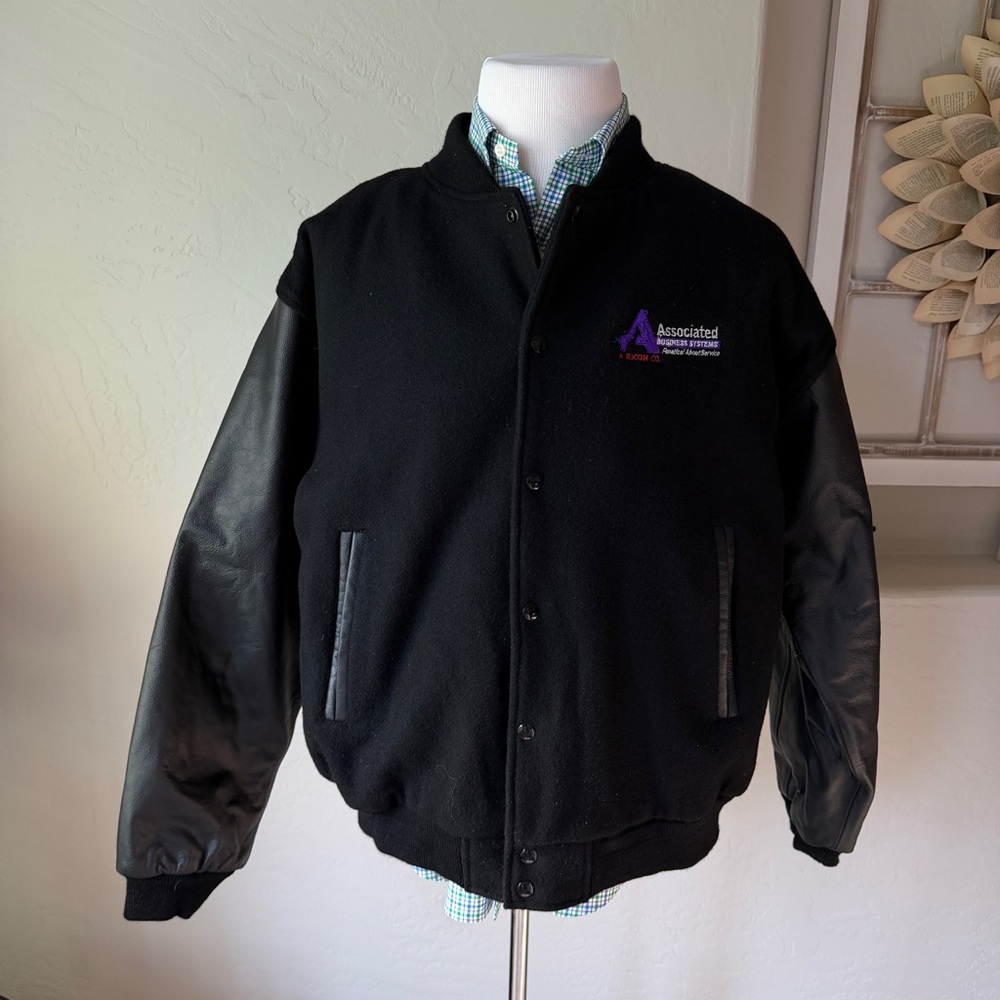 Port Authority Jacket Men's Black Wool & Leather Bomber Varsity Winter Coat. XL